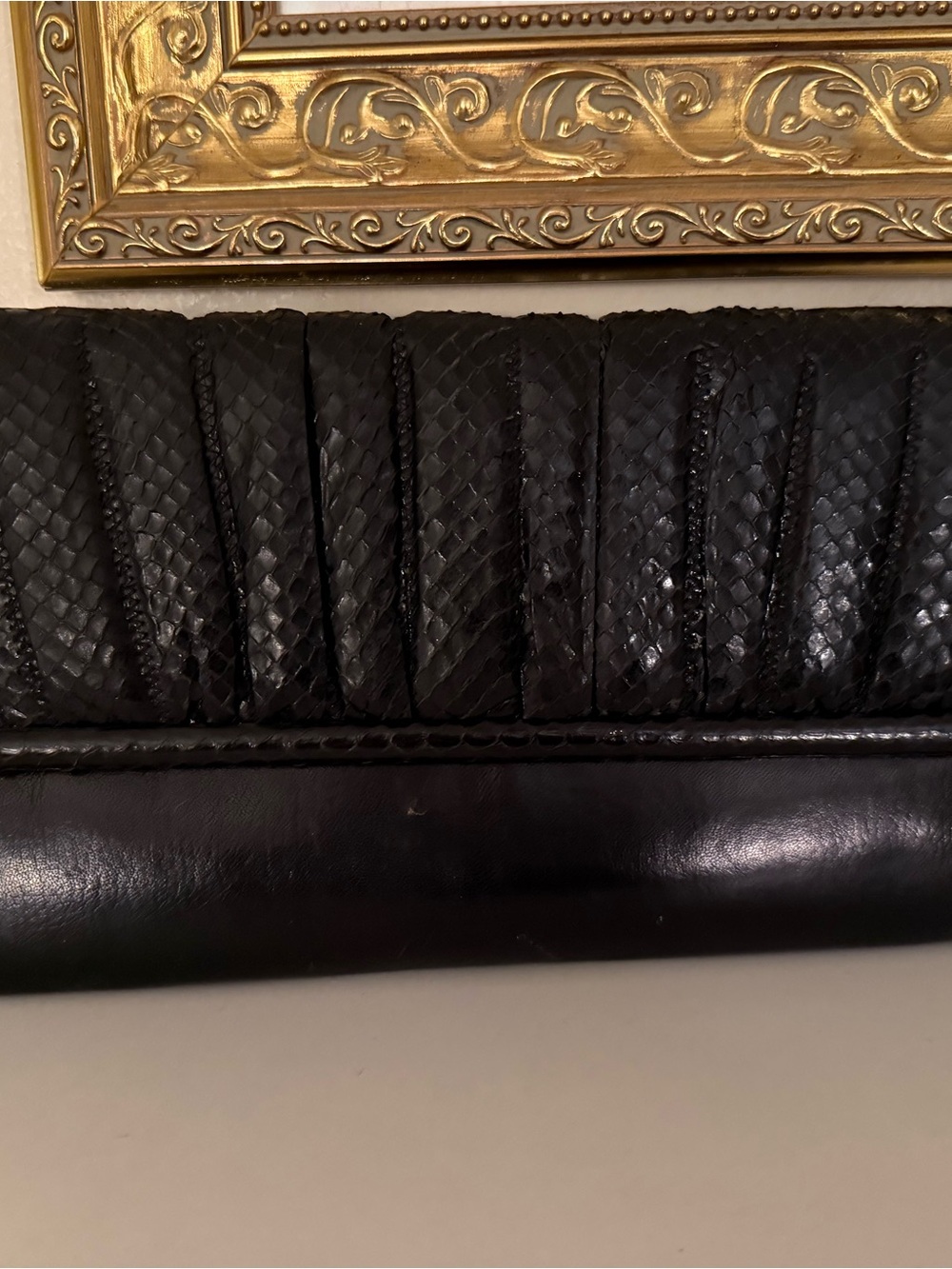Vintage Black Snakeskin Leather Foldover Clutch Elegant Artisan “Joseph” label